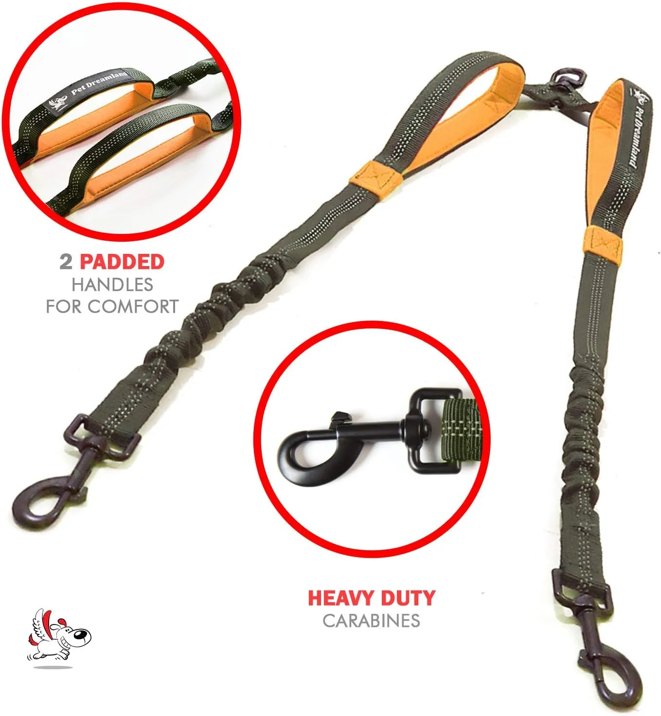 Exquisite Double Leash for Two Dogs – 2 Dog Coupler – No-Tangle Splitter for Large Dogs – Dual Attachment (Coupler Only, Large, Khaki & Orange)