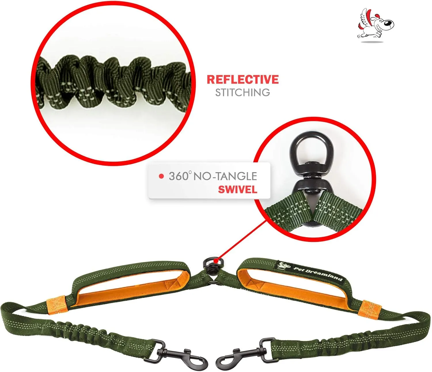 Exquisite Double Leash for Two Dogs – 2 Dog Coupler – No-Tangle Splitter for Large Dogs – Dual Attachment (Coupler Only, Large, Khaki & Orange)