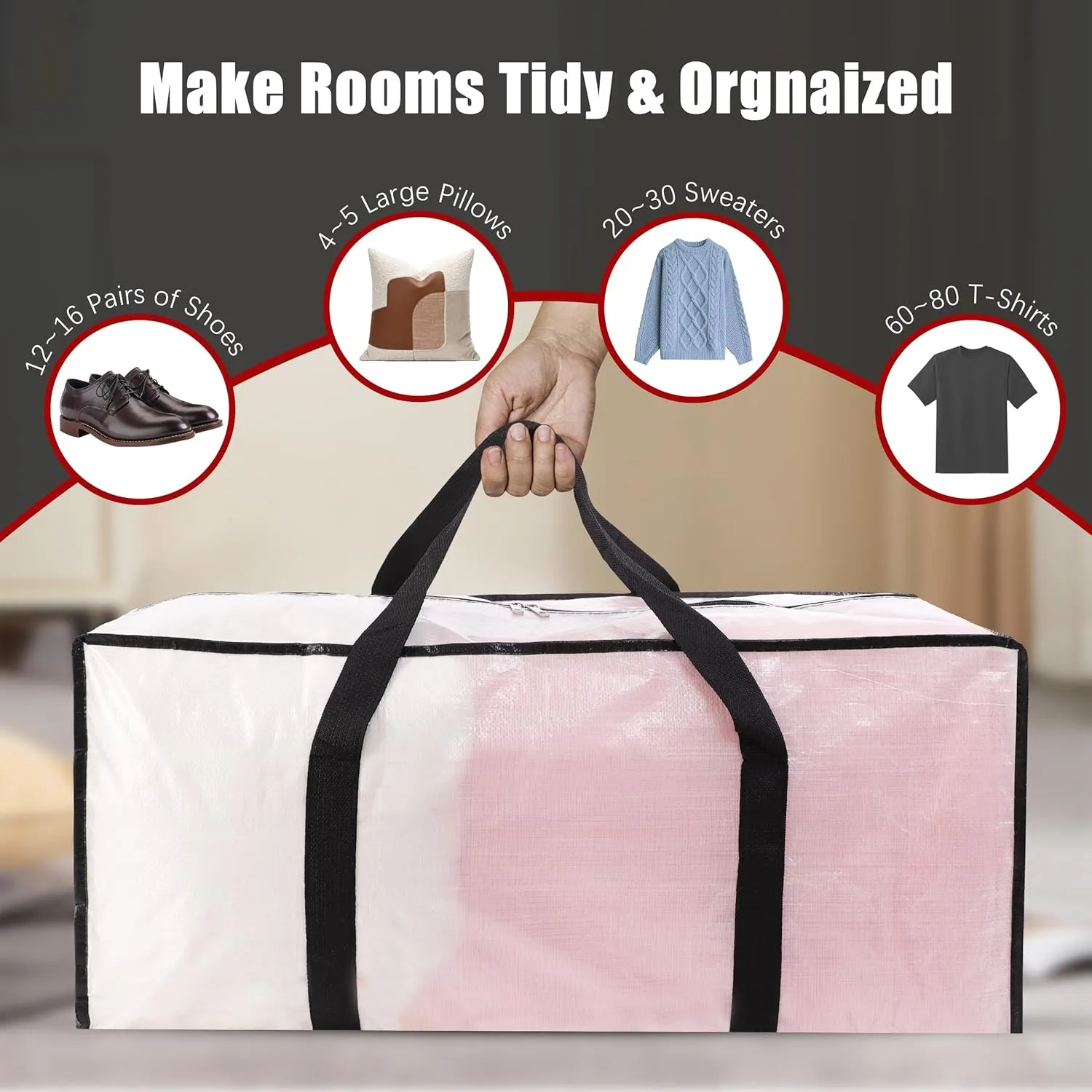 Extra Large Moving Bags with Zippers & Carrying Handles, Heavy-Duty Storage Tote for Space Saving Moving Storage, Fold Flat, Alternative to Box and Bin - 12 Pack, Semi-Transparent