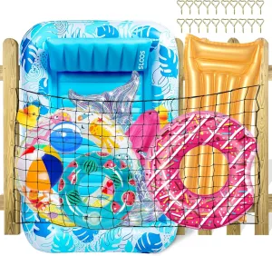 Extra Large Pool Toy Float Storage Net with 20 Windproof Screw Windproof Hooks, 71 x 47in Hangin Heavy Duty Elastic Mesh Pool Float Storage Net for Inflatable Rafts, Noodles, Balls, Chairs