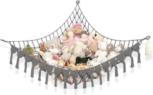 Extra Large Stuffed Animal Storage Hammock Corner with LED Lights – 25LB Capacity Hanging Toy Net for Small or Large Plushies, Boho Macrame Squishmallow, Plush Net, Gray