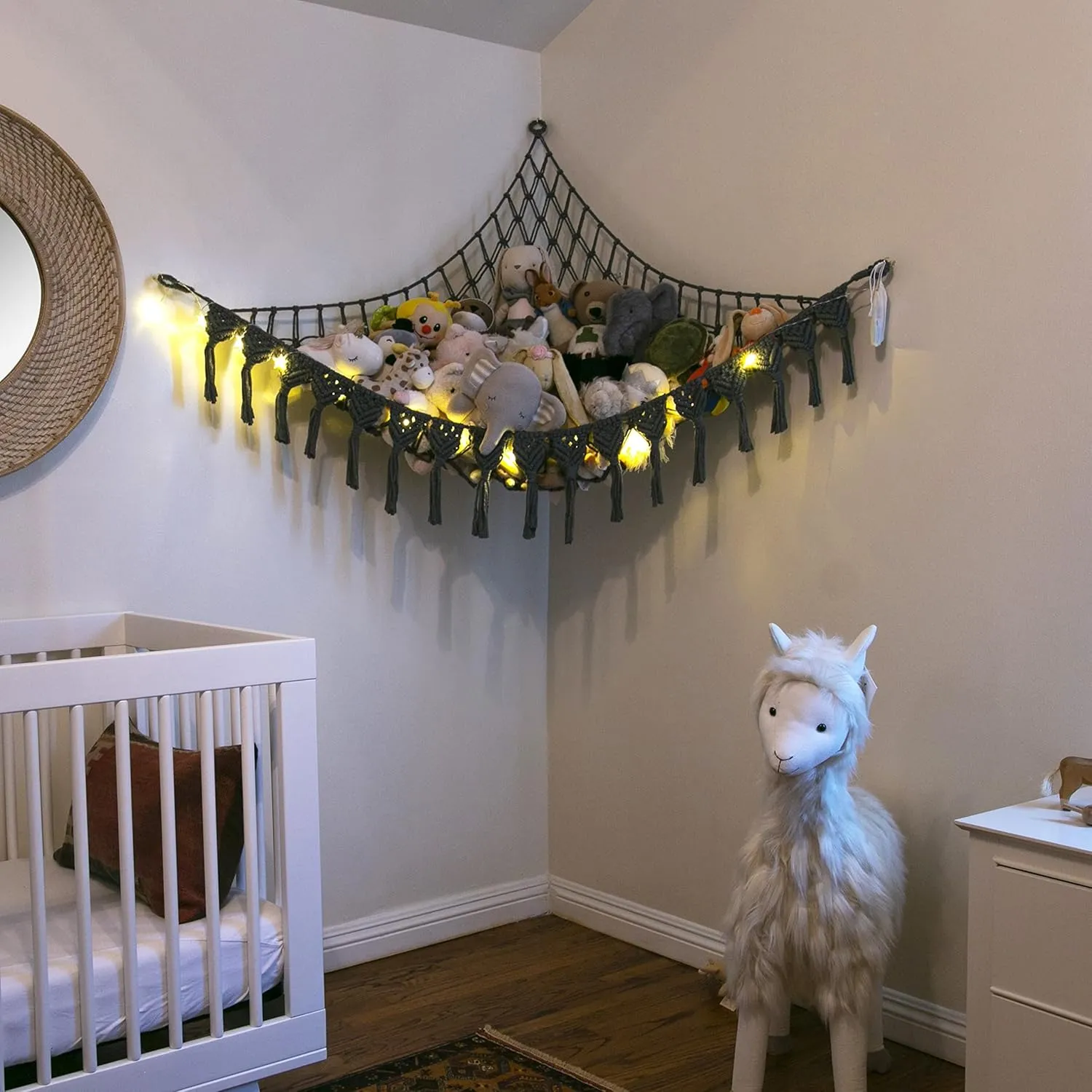 Extra Large Stuffed Animal Storage Hammock Corner with LED Lights – 25LB Capacity Hanging Toy Net for Small or Large Plushies, Boho Macrame Squishmallow, Plush Net, Gray