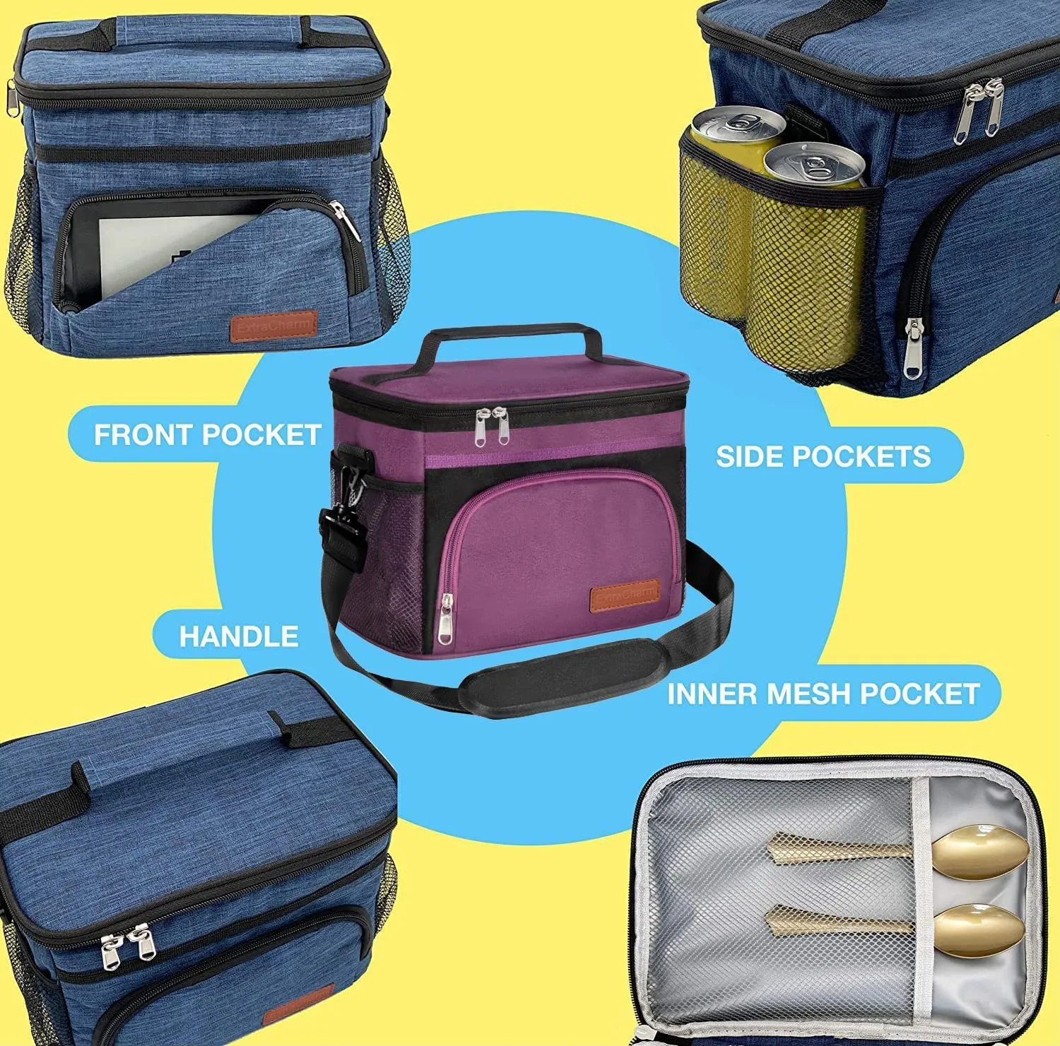 ExtraCharm Insulated Lunch Bag for Women/Men - Reusable Lunch Box for Office Picnic Hiking Beach - Leakproof Cooler Tote Bag Organizer with Adjustable Shoulder Strap for Adults