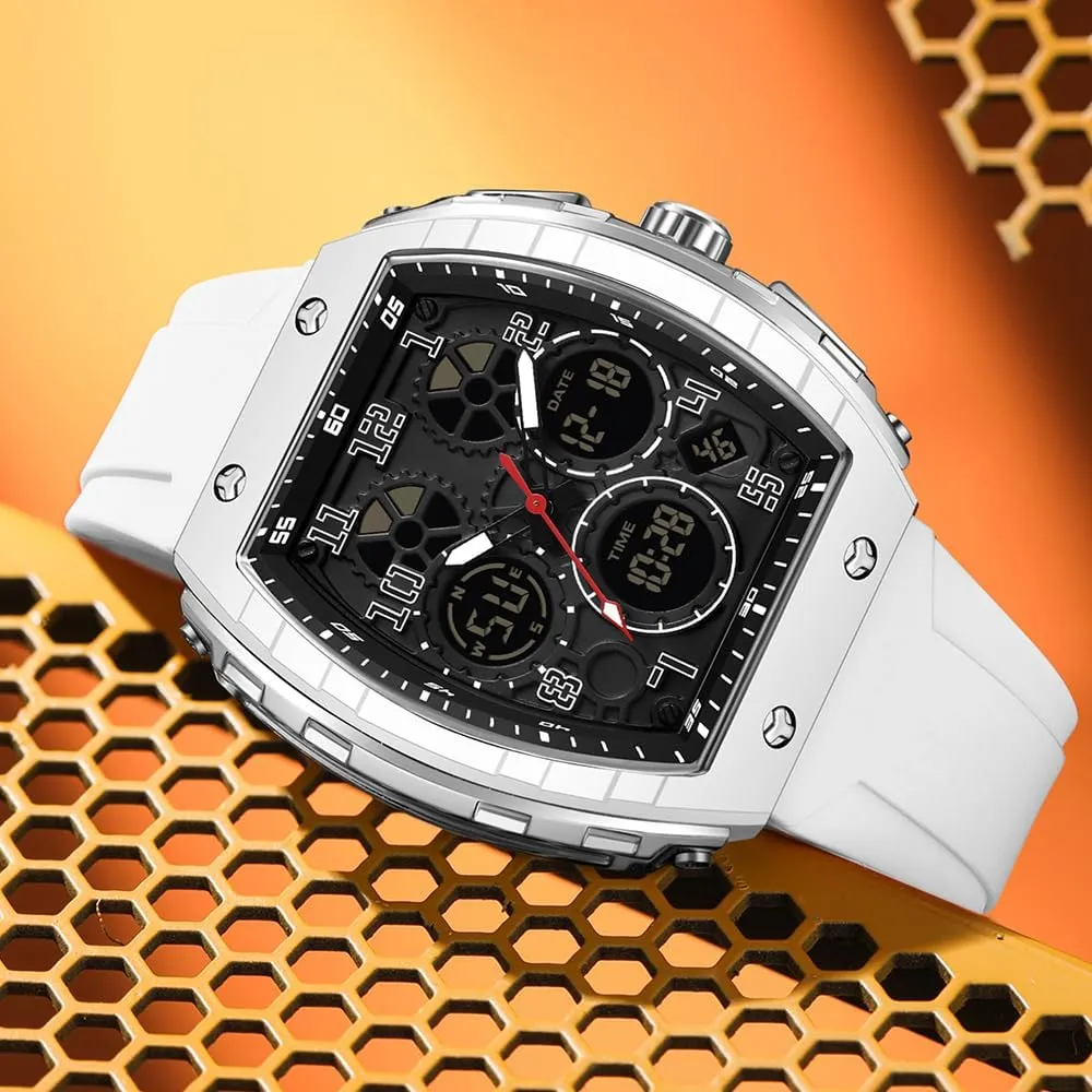 FANMIS Watch for Men Fashion Hollow Unique Rectangle Dial Wristwatch Waterproof Sport Digital Analog Dual Time Display Stopwatch Punk Cool Design Silicon Strap Dress Watch