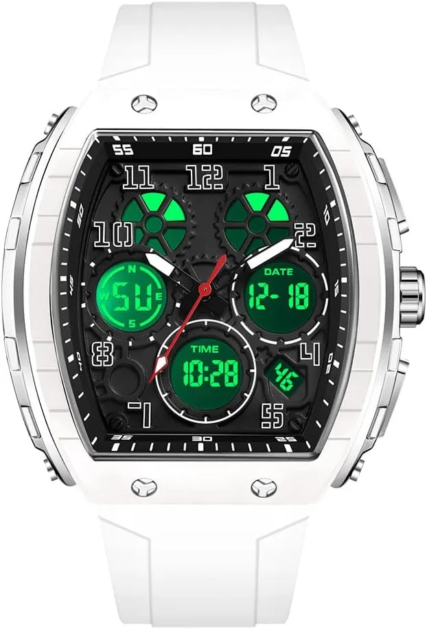 FANMIS Watch for Men Fashion Hollow Unique Rectangle Dial Wristwatch Waterproof Sport Digital Analog Dual Time Display Stopwatch Punk Cool Design Silicon Strap Dress Watch