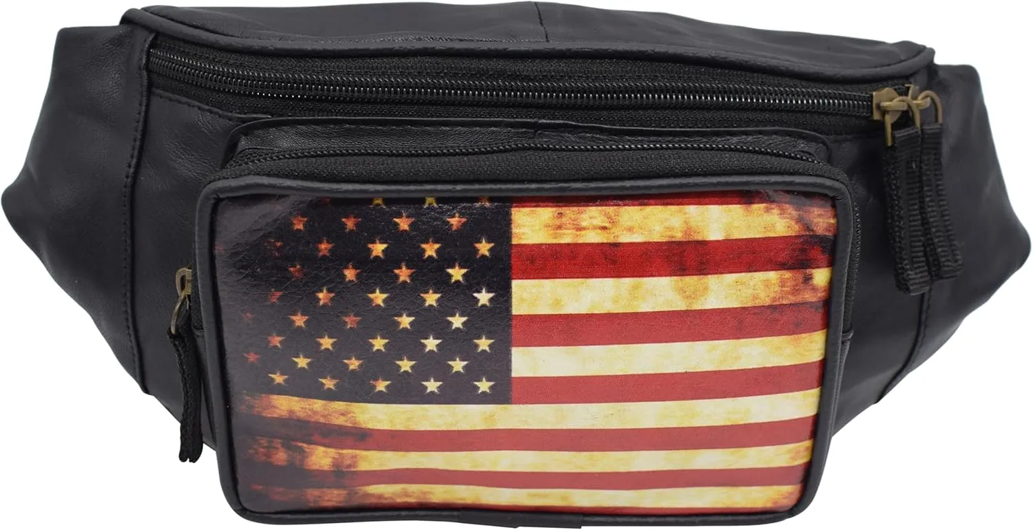 Fanny Pack Genuine Leather Adjustable Waist Crossbody Bag for Outdoor Travel with Country Flags USA, UK, CANADA, MEXICO, & PUERTO RICO (USA)