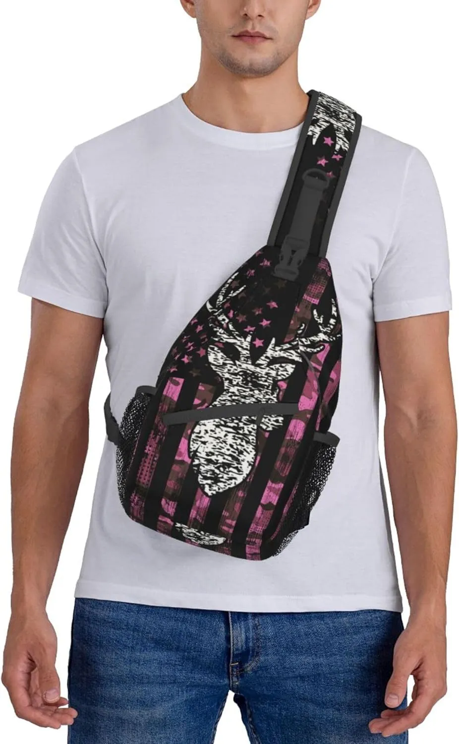 Fashion Sling Backpack, Sling Shoulder Bag, Outdoor Chest Crossbody Bike Gym Runner Daypack with Adjustable Strap for Men Women, Compatible with American Flag Camo Funny Deer Hunting Pink Camouflage