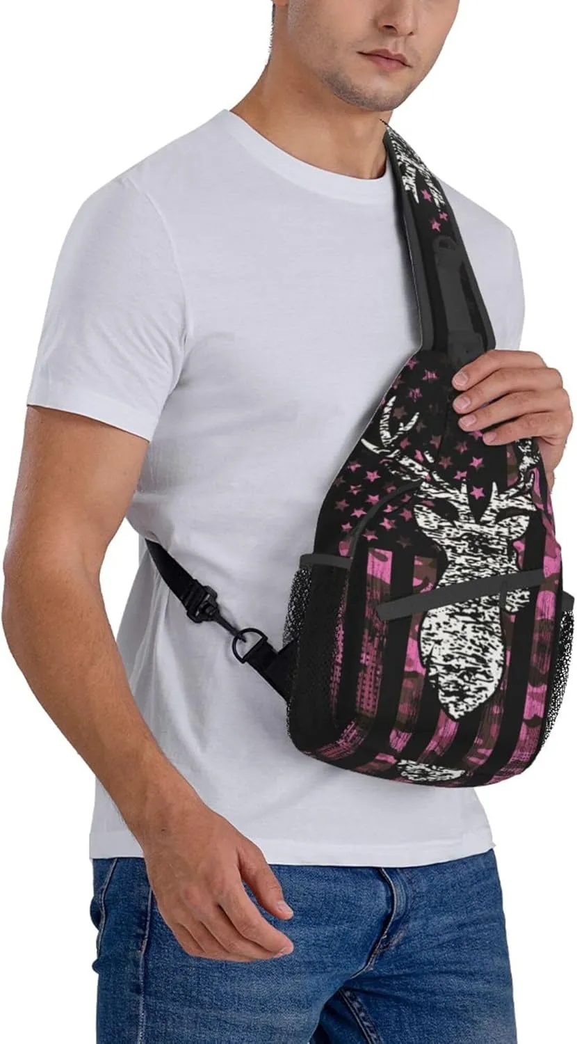 Fashion Sling Backpack, Sling Shoulder Bag, Outdoor Chest Crossbody Bike Gym Runner Daypack with Adjustable Strap for Men Women, Compatible with American Flag Camo Funny Deer Hunting Pink Camouflage