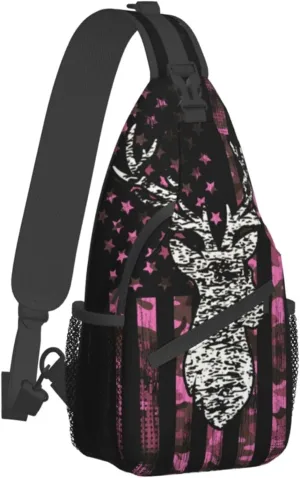 Fashion Sling Backpack, Sling Shoulder Bag, Outdoor Chest Crossbody Bike Gym Runner Daypack with Adjustable Strap for Men Women, Compatible with American Flag Camo Funny Deer Hunting Pink Camouflage