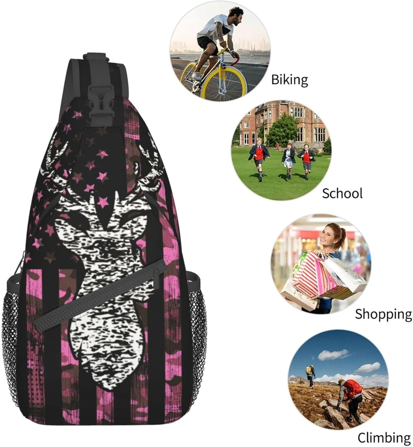 Fashion Sling Backpack, Sling Shoulder Bag, Outdoor Chest Crossbody Bike Gym Runner Daypack with Adjustable Strap for Men Women, Compatible with American Flag Camo Funny Deer Hunting Pink Camouflage