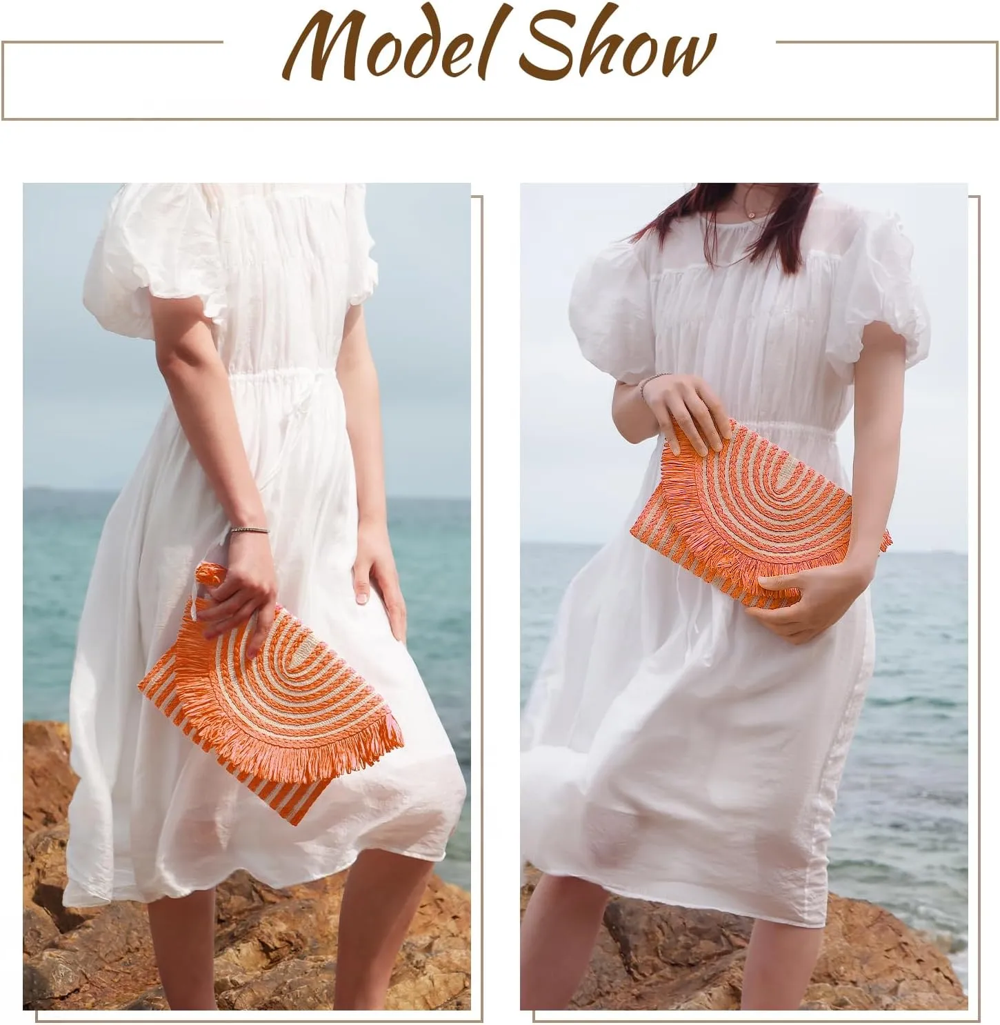 Fecialy Women Fringe Straw Clutch Purses Envelope Summer Beach Bags Woven Clutch Handbags