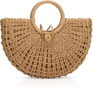 FENBEN Straw Hobo Bags for Women Round Beach Purse Large Woven Bag Vacation Handbag Khaki