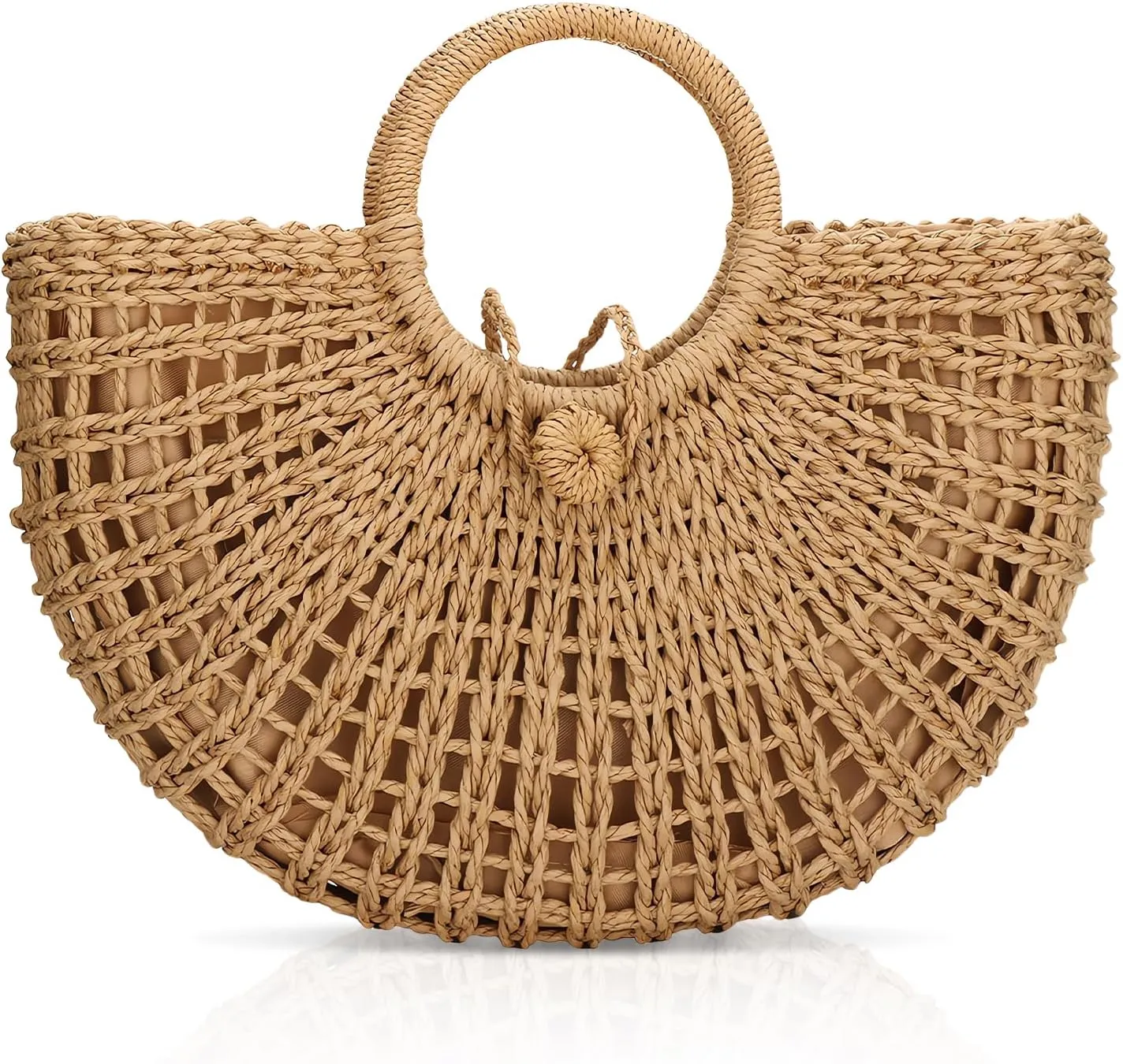 FENBEN Straw Hobo Bags for Women Round Beach Purse Large Woven Bag Vacation Handbag Khaki