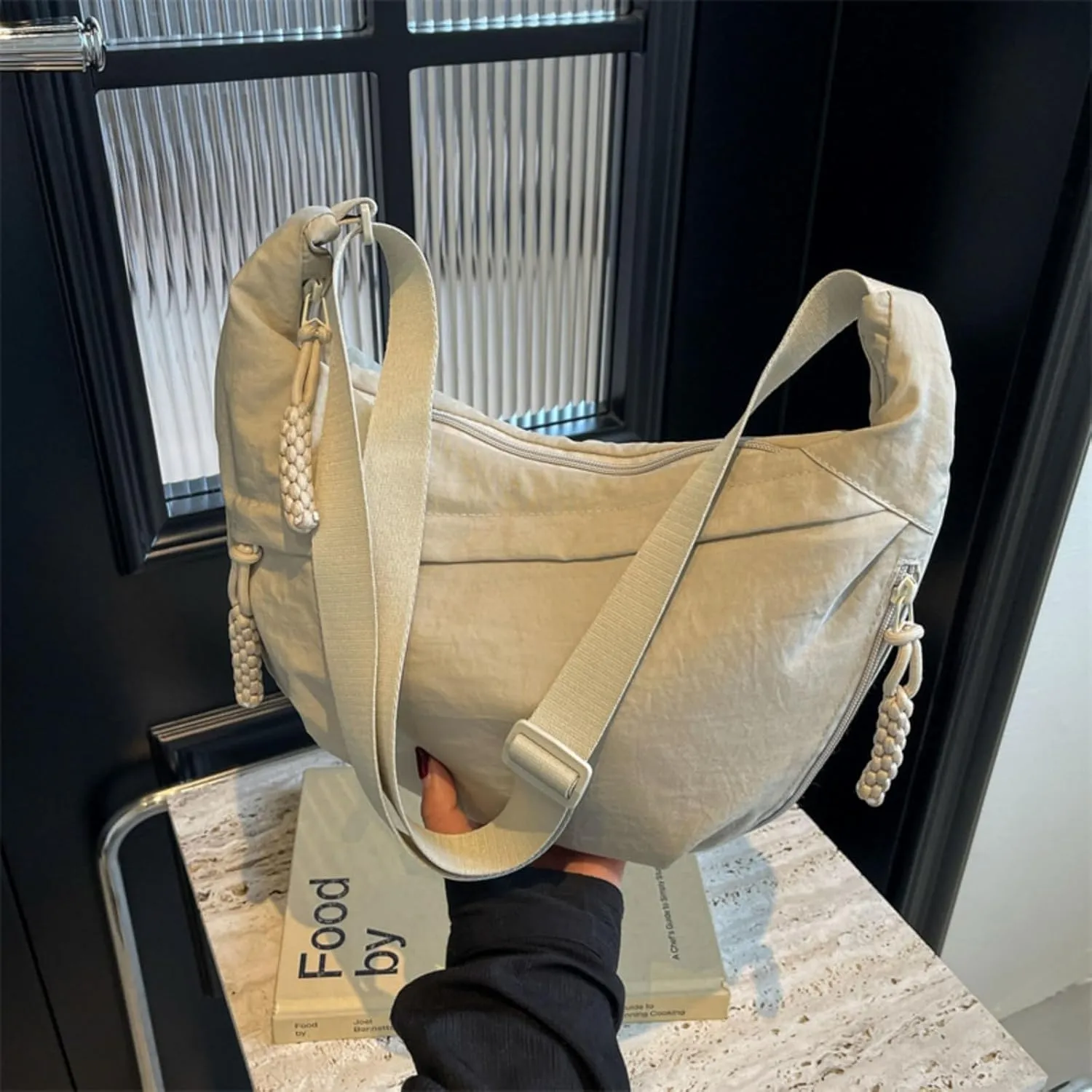 Festivalment Crossbody Bag, Fashion Plain Color Nylon Crossbody Bag, Cute Multi Pocket Sling Crescent Travel Size Purse