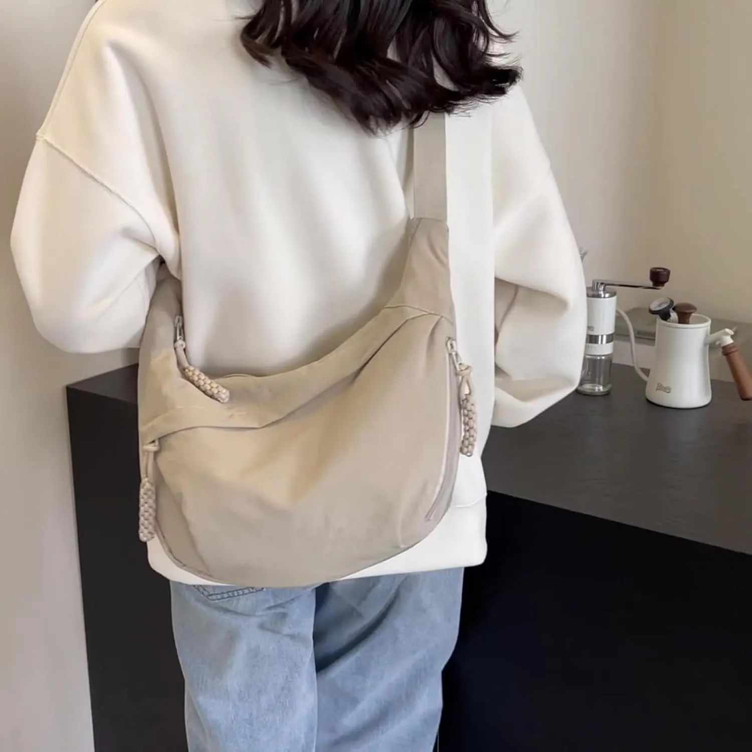 Festivalment Crossbody Bag, Fashion Plain Color Nylon Crossbody Bag, Cute Multi Pocket Sling Crescent Travel Size Purse