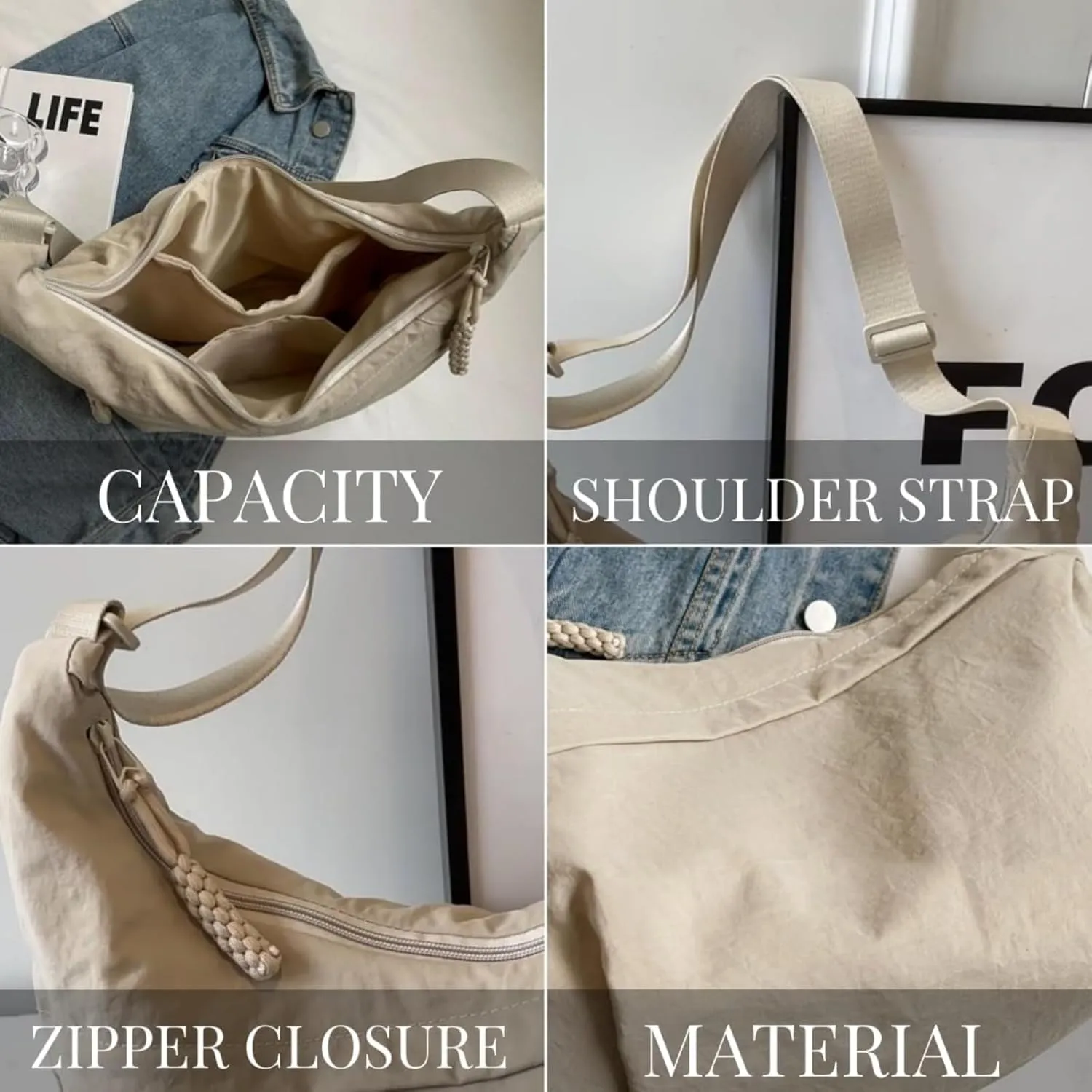 Festivalment Crossbody Bag, Fashion Plain Color Nylon Crossbody Bag, Cute Multi Pocket Sling Crescent Travel Size Purse