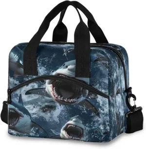 Fierce Sharks Charging Towards The Camera Lunch Box for Men Women Adults Insulated Lunch Bag Cooler Bag with Adjustable Shoulder Strap for Work Picnic Travel