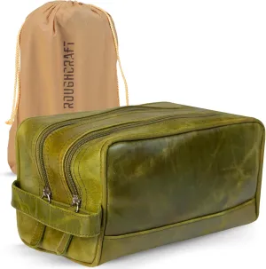 Fine Grain Leather Travel Toiltery Bag- Dopp Kit Travel Orangizer, (Large-Green)