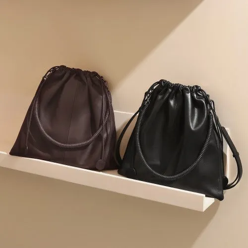 First-layer Cowhide Bucket Bags, Drawstring Bucket Purses 2 Pieces Sets
