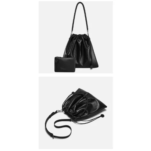First-layer Cowhide Bucket Bags, Drawstring Bucket Purses 2 Pieces Sets