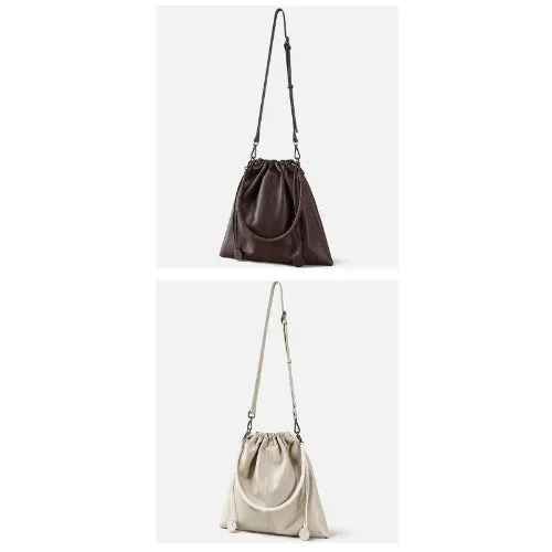 First-layer Cowhide Bucket Bags, Drawstring Bucket Purses 2 Pieces Sets