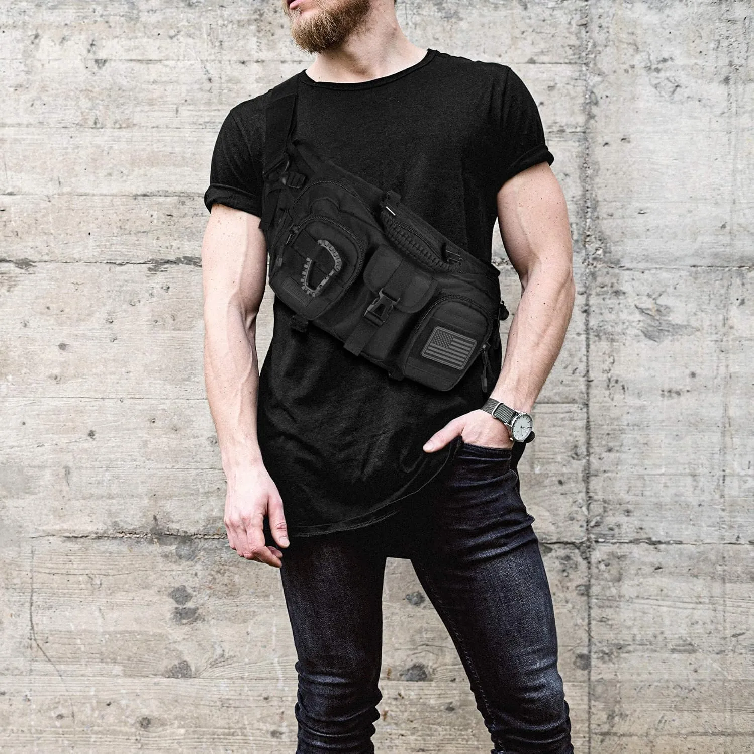 Fitdom Tactical Inspired Large Sling Bag For Men. Perfect Techwear Accessories EDC Bag For Men. Multi-Functional Waist Pack