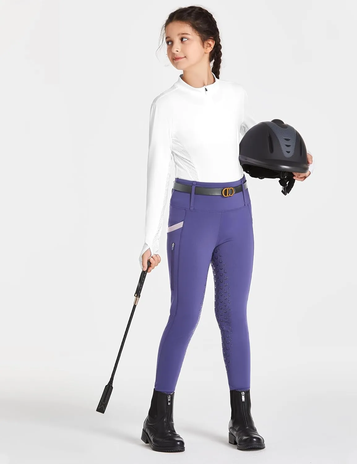 FitsT4 Sports Girls Riding Pants Full Seat High Waist Kids Equestrian Breeches Horse Schooling Tights Zipper Pockets