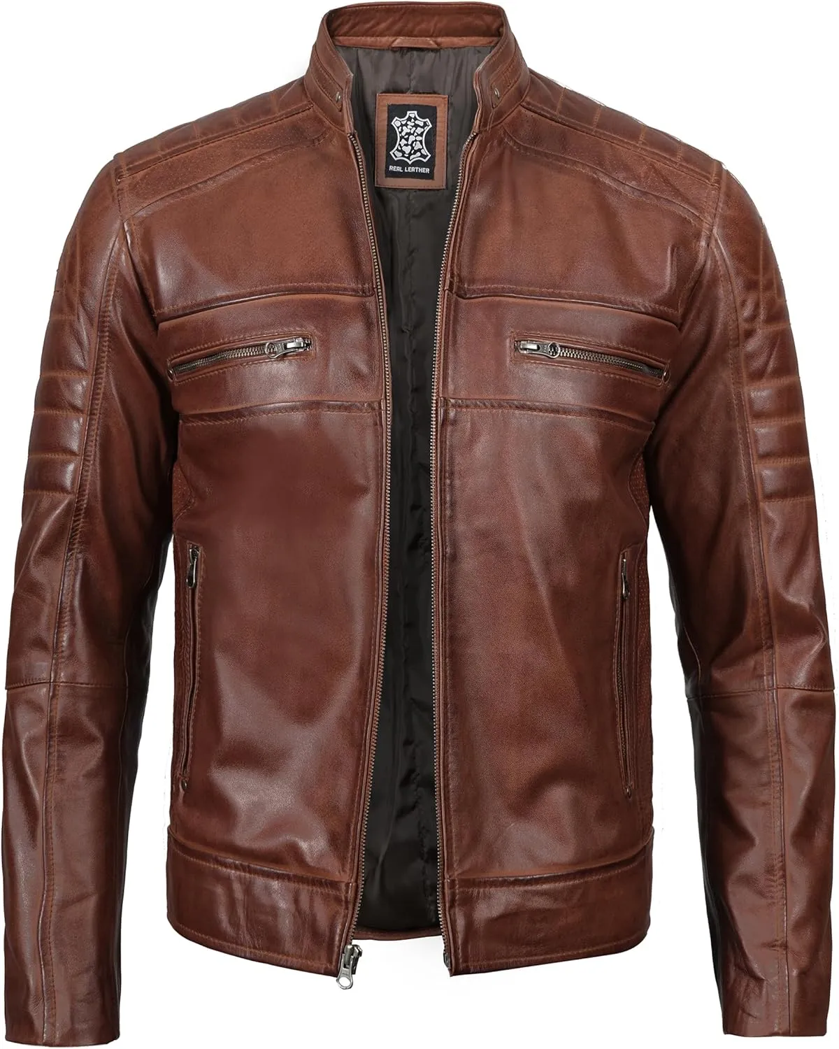 fjackets Cafe Racer Leather Jacket Men - Real Lambskin Natural Grain Leather Moto Style Jackets For Mens