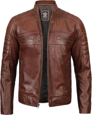 fjackets Cafe Racer Leather Jacket Men - Real Lambskin Natural Grain Leather Moto Style Jackets For Mens