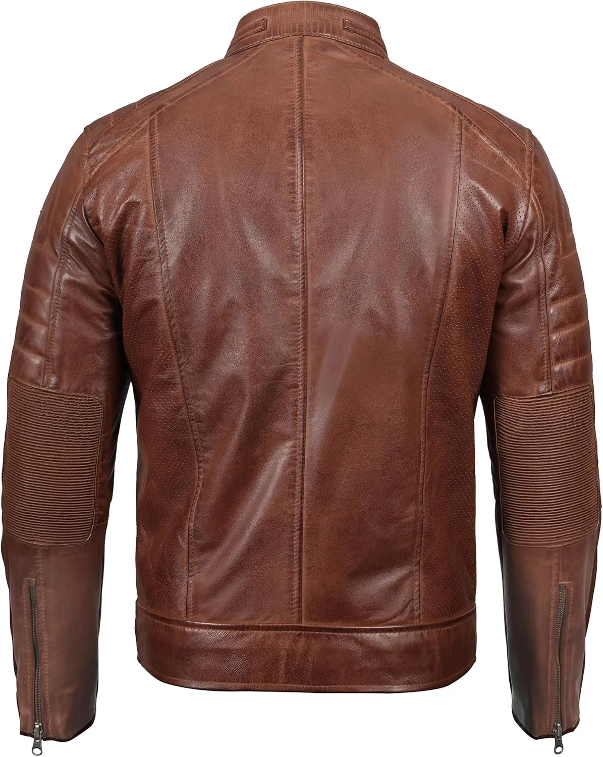 fjackets Cafe Racer Leather Jacket Men - Real Lambskin Natural Grain Leather Moto Style Jackets For Mens