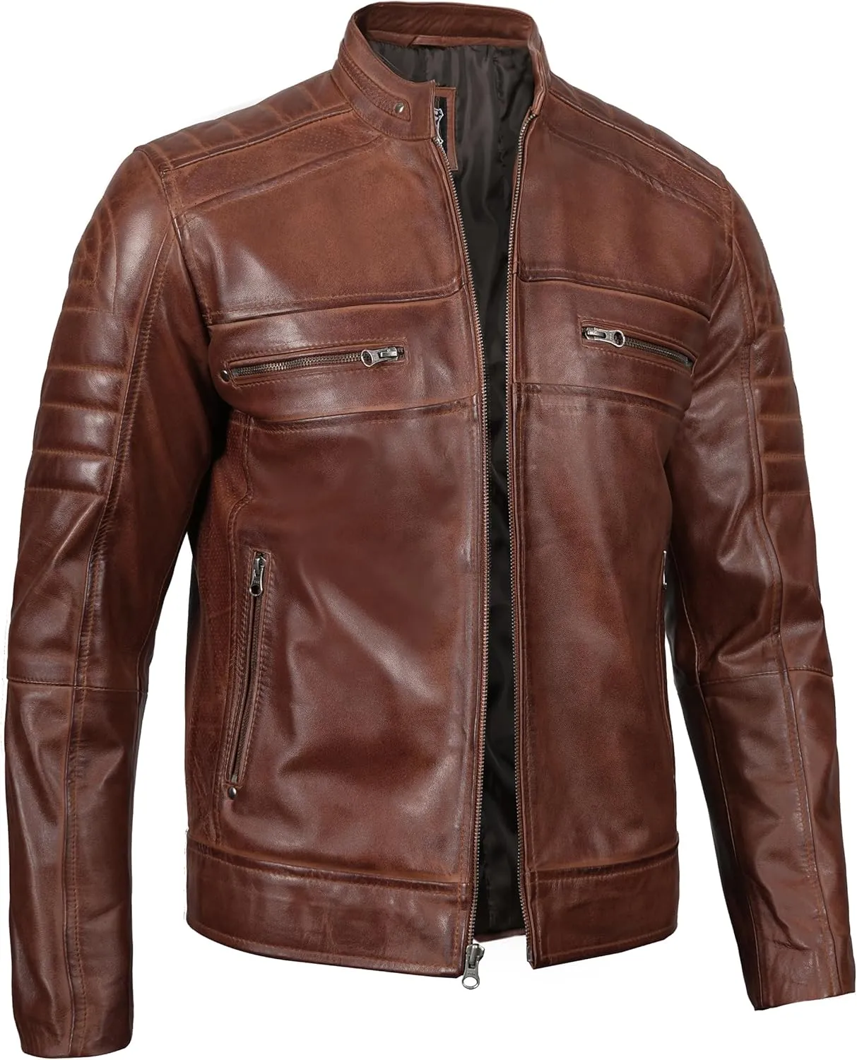 fjackets Cafe Racer Leather Jacket Men - Real Lambskin Natural Grain Leather Moto Style Jackets For Mens
