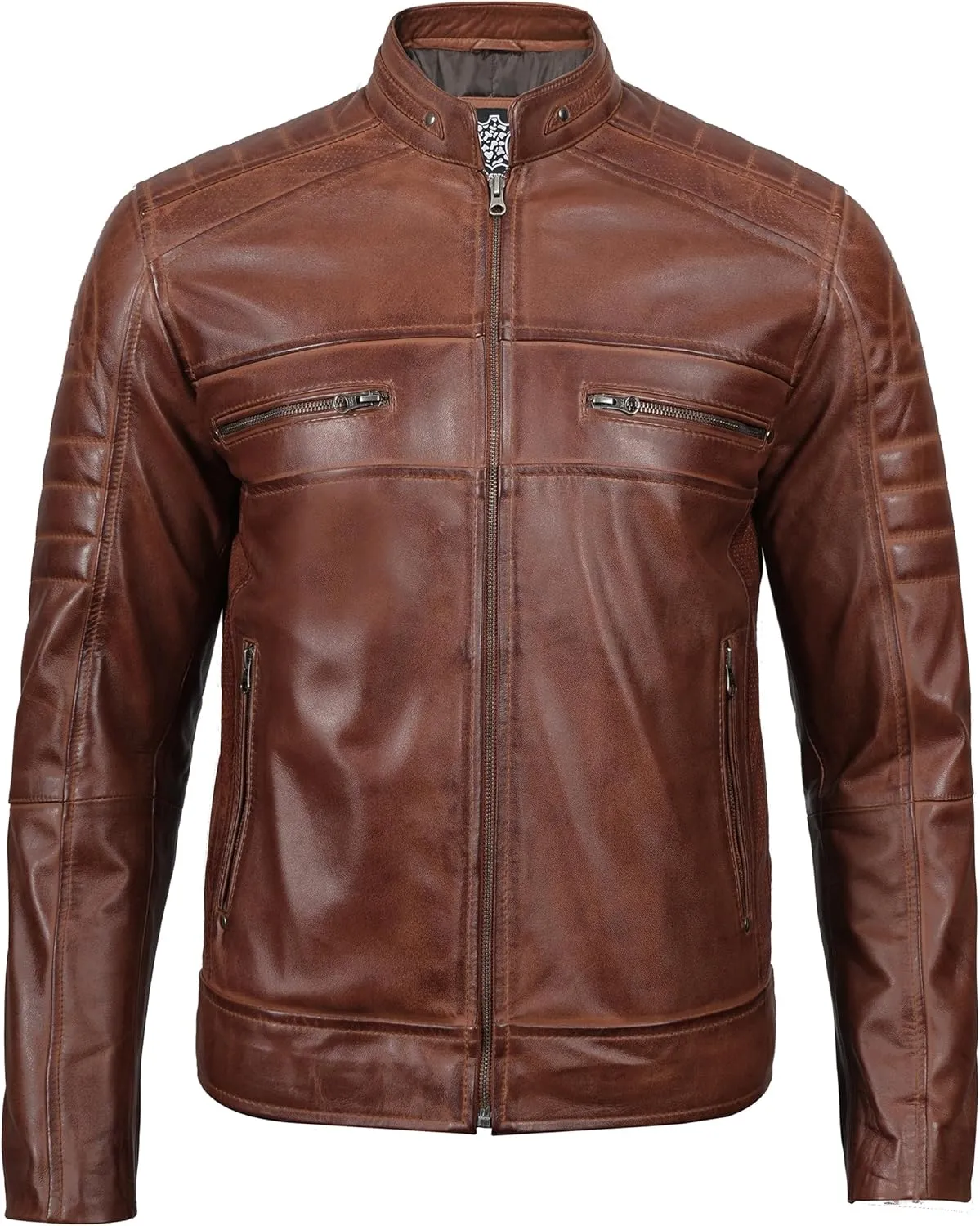fjackets Cafe Racer Leather Jacket Men - Real Lambskin Natural Grain Leather Moto Style Jackets For Mens