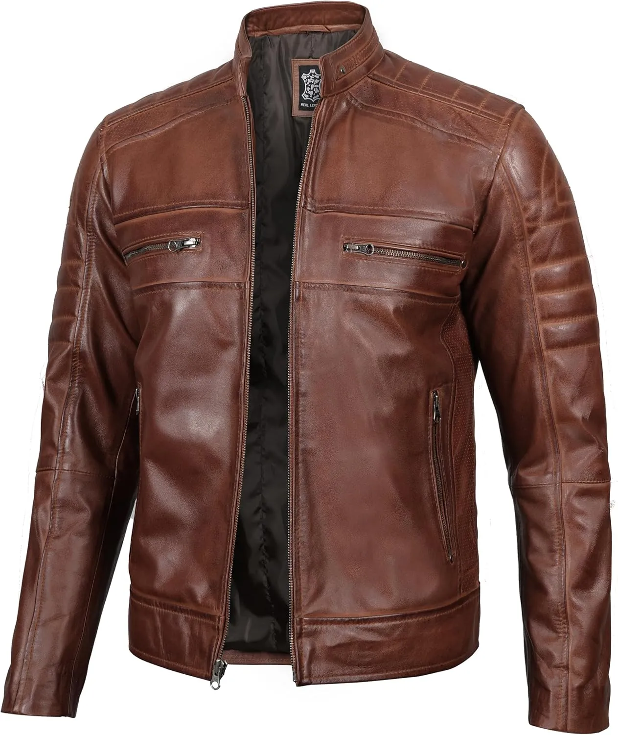 fjackets Cafe Racer Leather Jacket Men - Real Lambskin Natural Grain Leather Moto Style Jackets For Mens