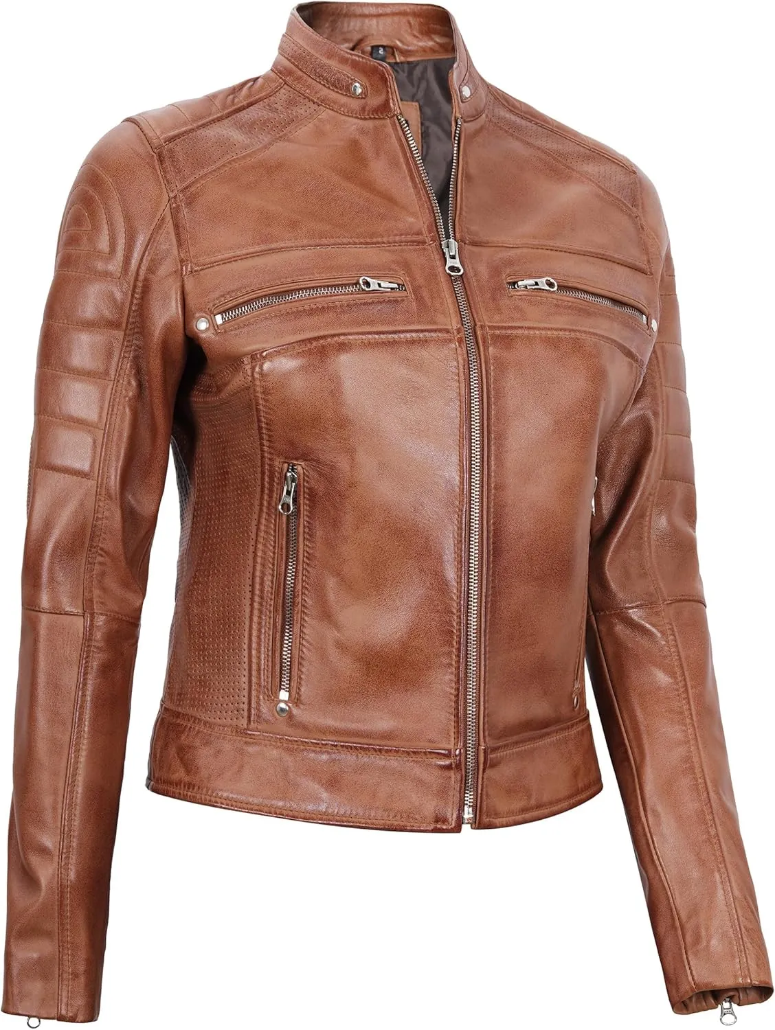 fjackets Real Leather Jacket Women - Cafe Racer Natural Grain Stand Collar Womens Leather Jackets