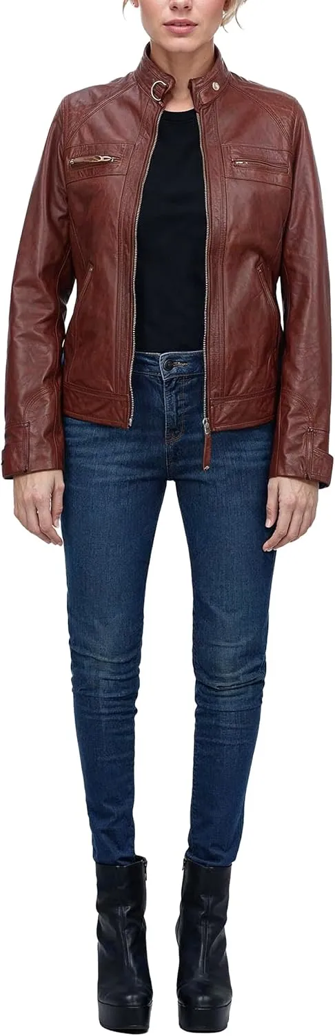 fjackets Real Leather Jacket Women - Cafe Racer Natural Grain Stand Collar Womens Leather Jackets