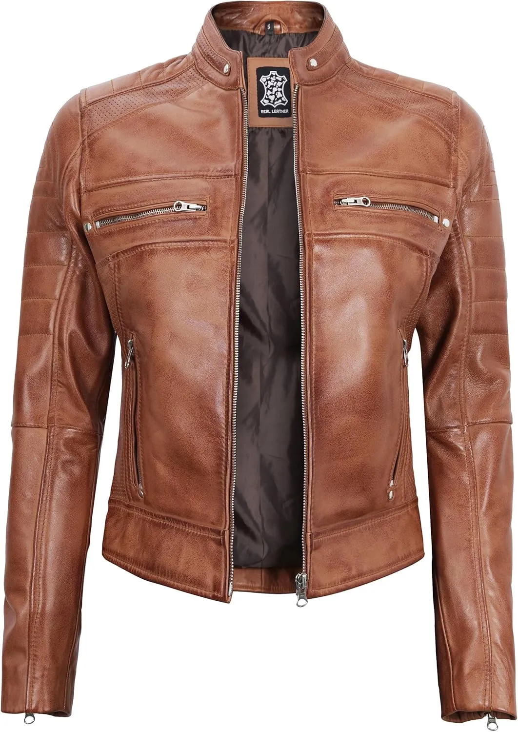 fjackets Real Leather Jacket Women - Cafe Racer Natural Grain Stand Collar Womens Leather Jackets