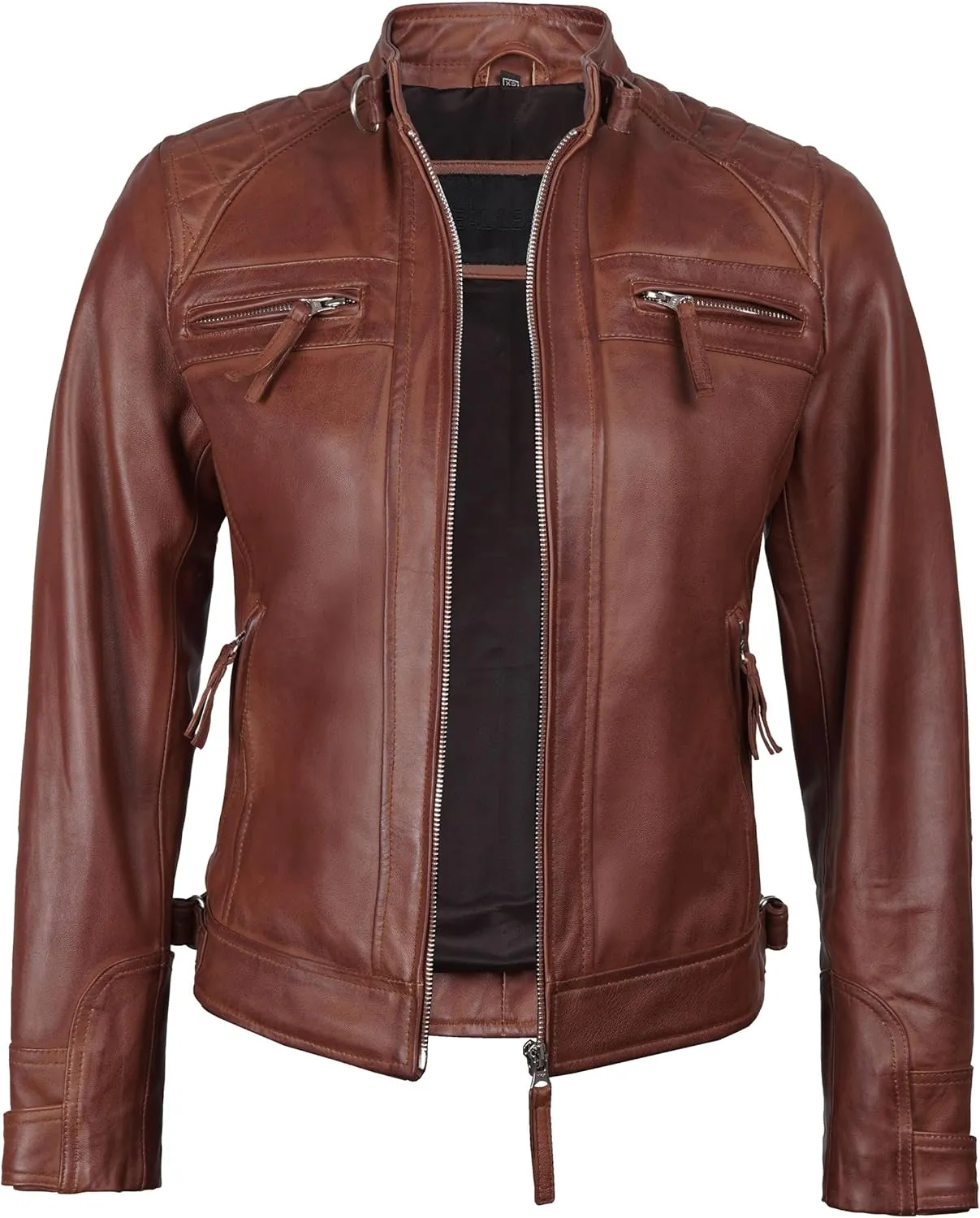 fjackets Real Leather Jacket Women - Cafe Racer Natural Grain Stand Collar Womens Leather Jackets