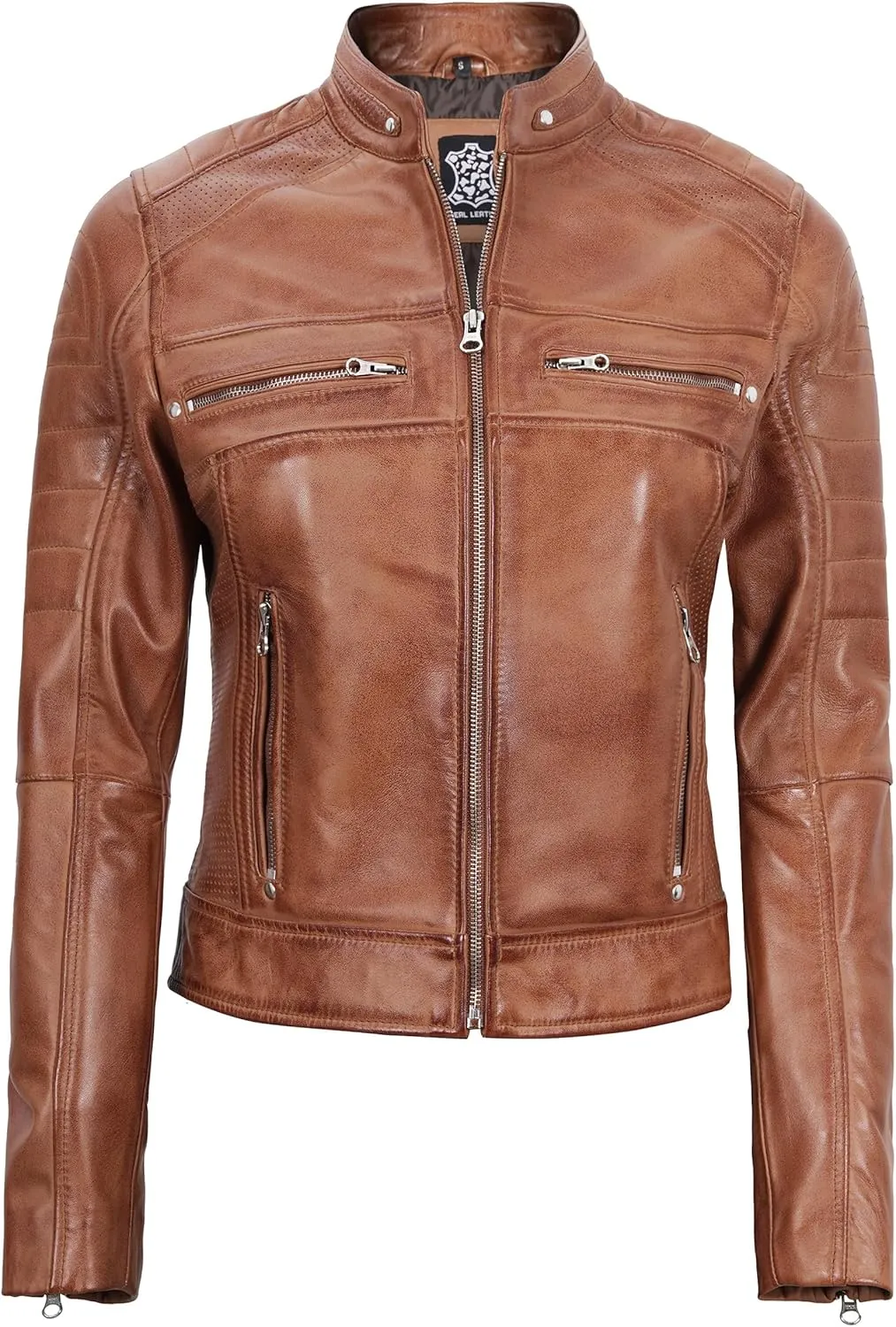 fjackets Real Leather Jacket Women - Cafe Racer Natural Grain Stand Collar Womens Leather Jackets