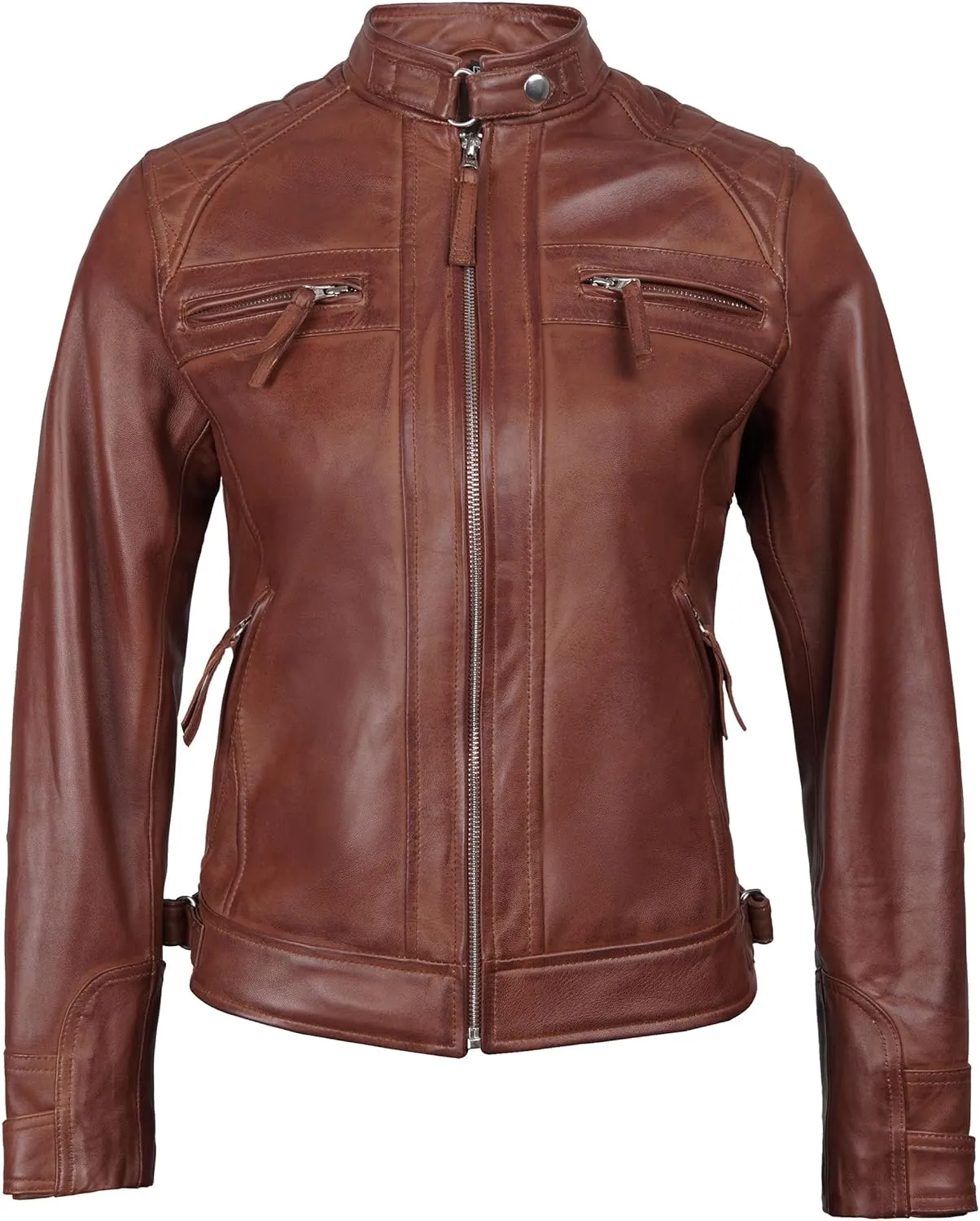 fjackets Real Leather Jacket Women - Cafe Racer Natural Grain Stand Collar Womens Leather Jackets