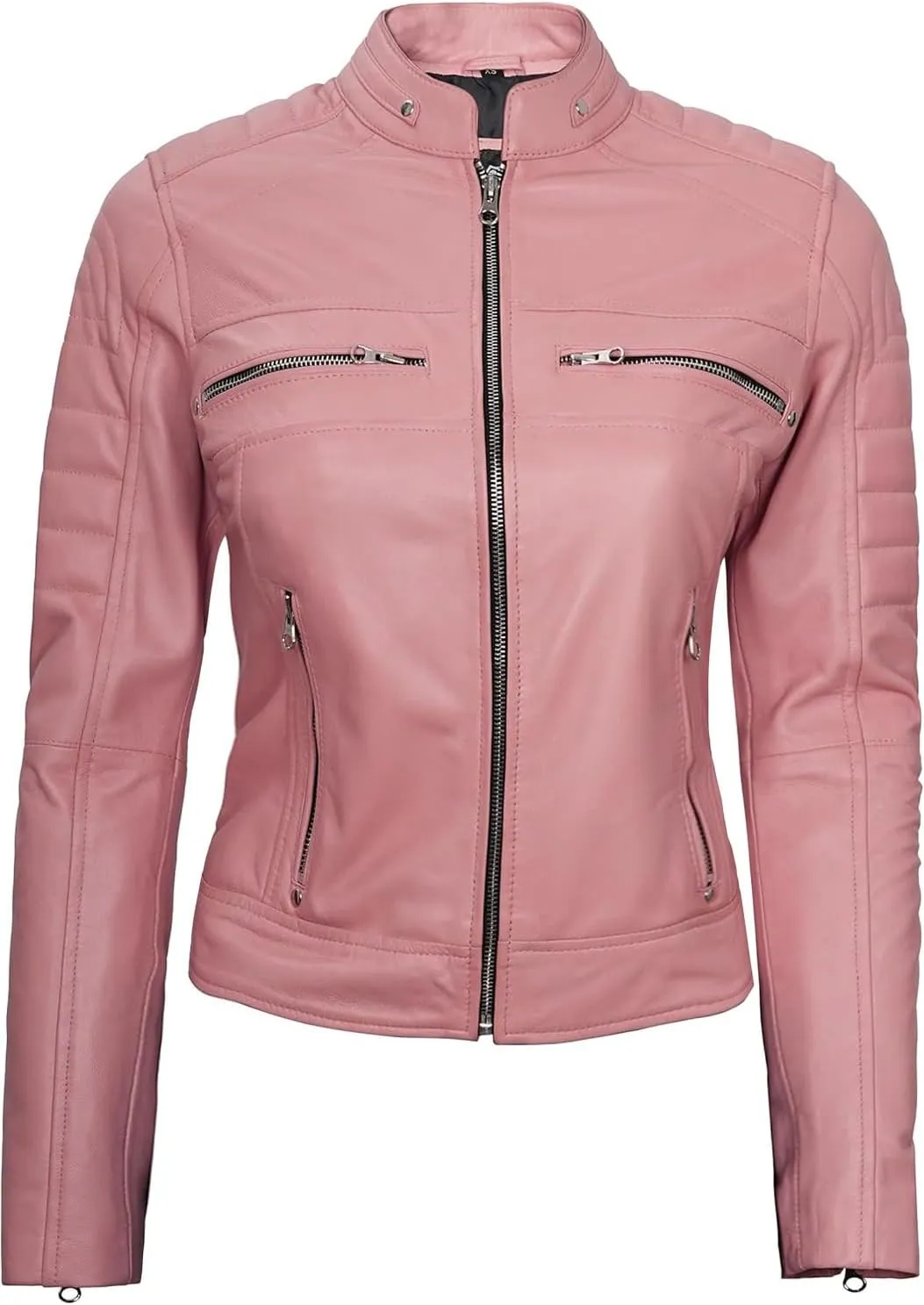 fjackets Real Leather Jacket Women - Cafe Racer Natural Grain Stand Collar Womens Leather Jackets