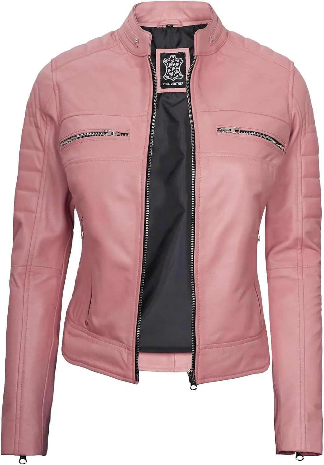 fjackets Real Leather Jacket Women - Cafe Racer Natural Grain Stand Collar Womens Leather Jackets