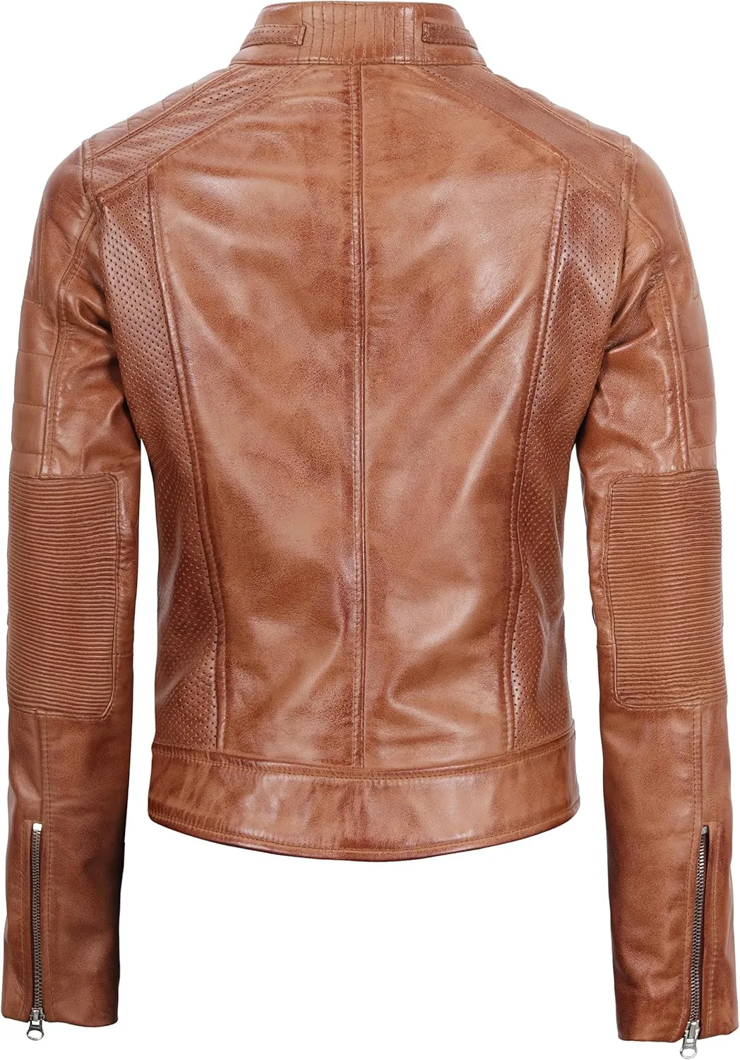 fjackets Real Leather Jacket Women - Cafe Racer Natural Grain Stand Collar Womens Leather Jackets