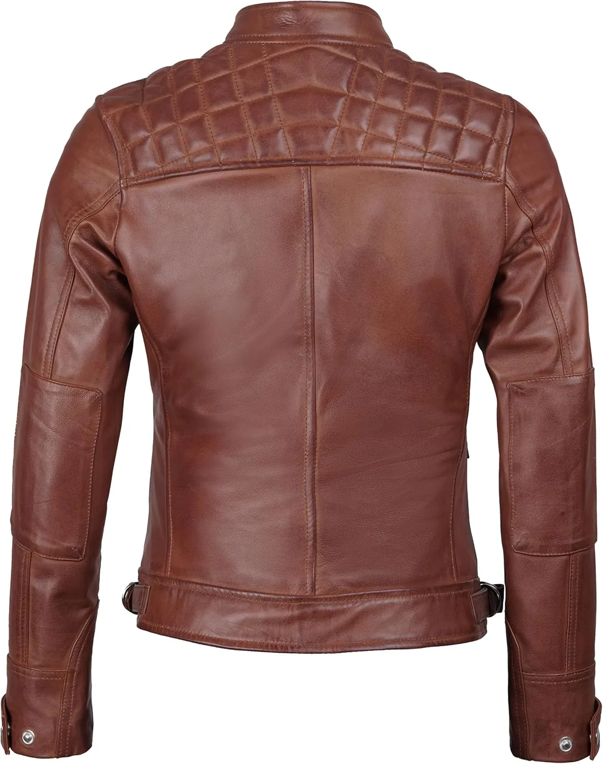 fjackets Real Leather Jacket Women - Cafe Racer Natural Grain Stand Collar Womens Leather Jackets
