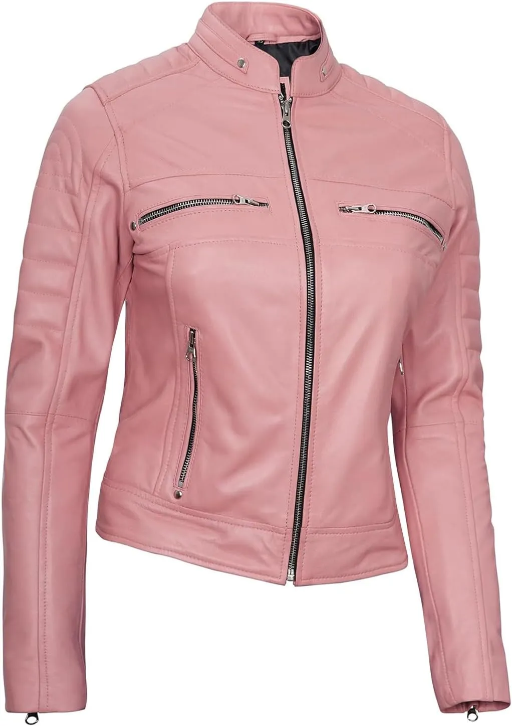 fjackets Real Leather Jacket Women - Cafe Racer Natural Grain Stand Collar Womens Leather Jackets