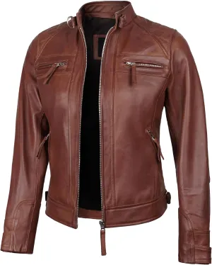 fjackets Real Leather Jacket Women - Cafe Racer Natural Grain Stand Collar Womens Leather Jackets
