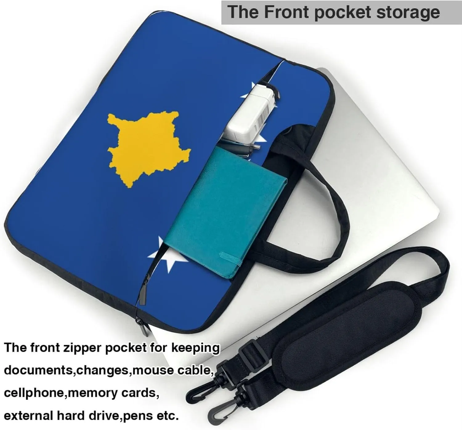 Flag Of Kosovo Print Laptop Adjustable Shoulder Strap With Handle Accessory Pocket For Men Women