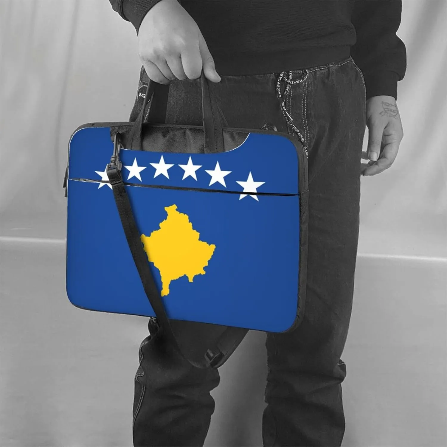Flag Of Kosovo Print Laptop Adjustable Shoulder Strap With Handle Accessory Pocket For Men Women