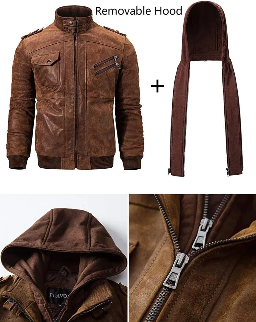FLAVOR Men Brown Leather Motorcycle Jacket with Removable Hood