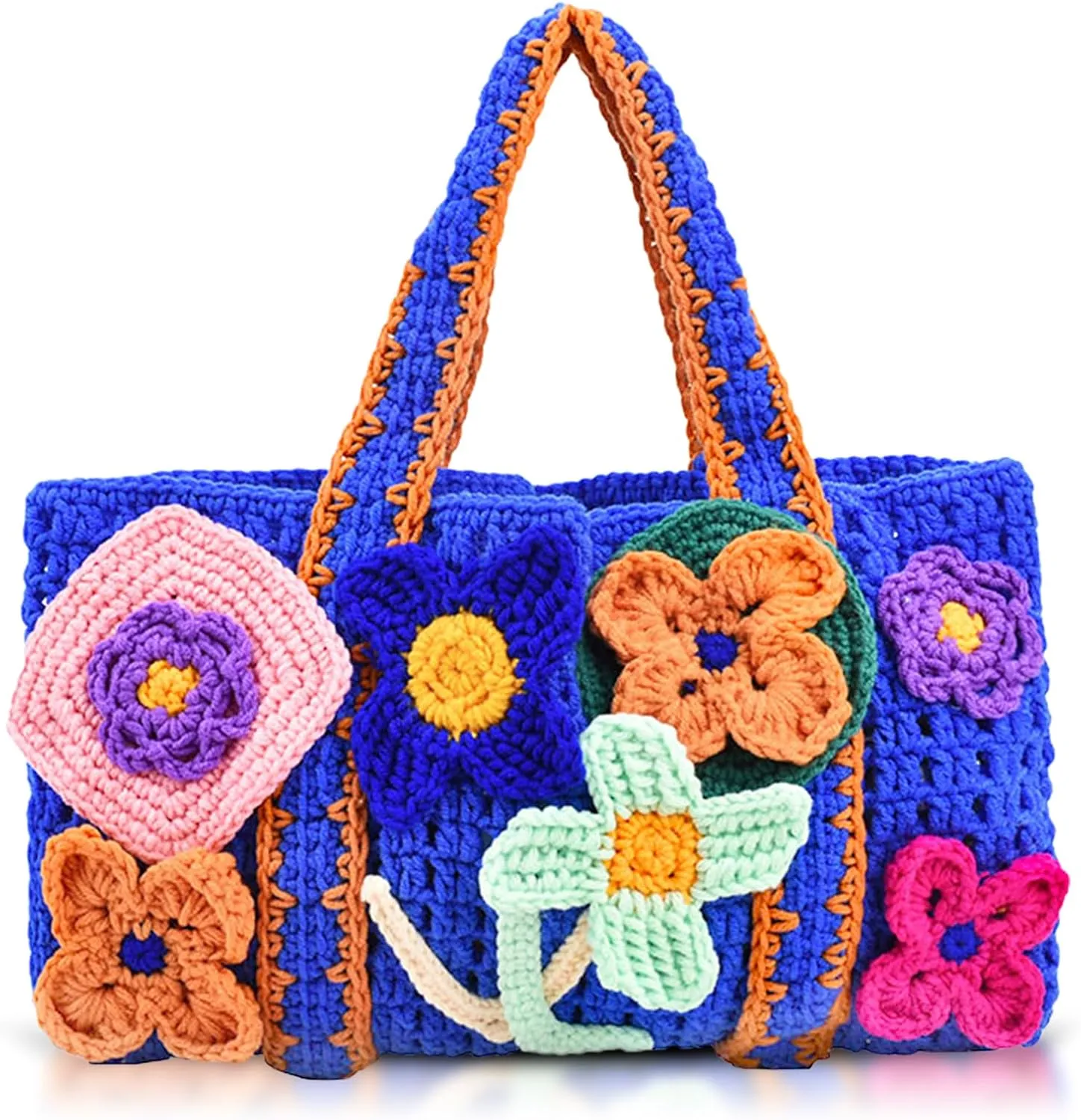 Flowers Tote Bag, Hand-woven Knitted Cotton Handbags with Lined, Woven Bag for Vacation Travel Daily Matching(Blue)