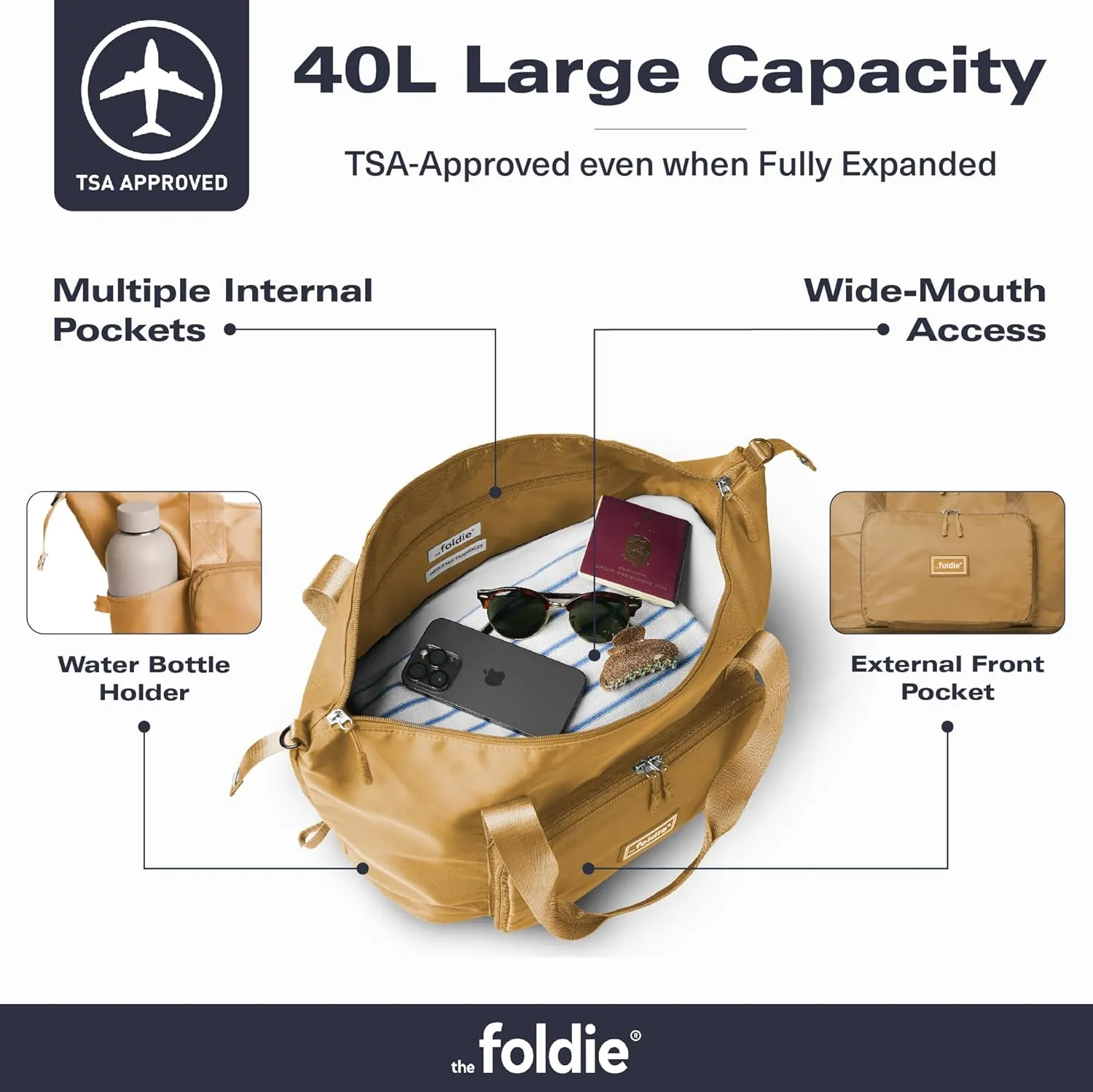 Foldable Travel Tote Bag for Women - 40L Weekender Bag with Multiple Pockets - Carry On Personal Item Travel Bag